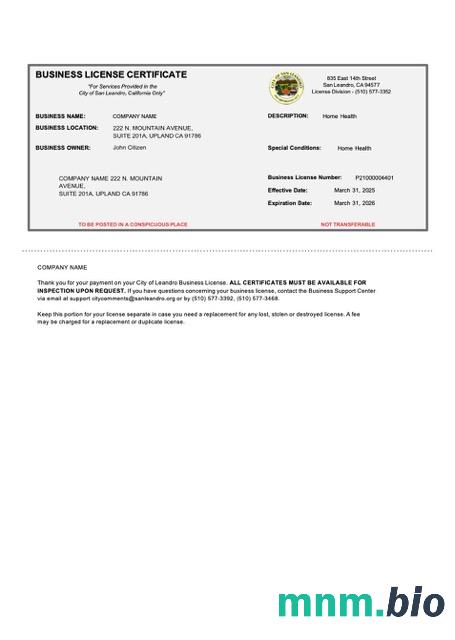 USA California business license vcertyfikat Word i szablon PDF